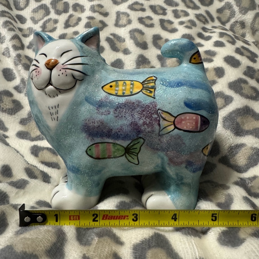 Blue Cat Figurine with Colorful Fish piggy bank missing plug - Picture 4 of 8